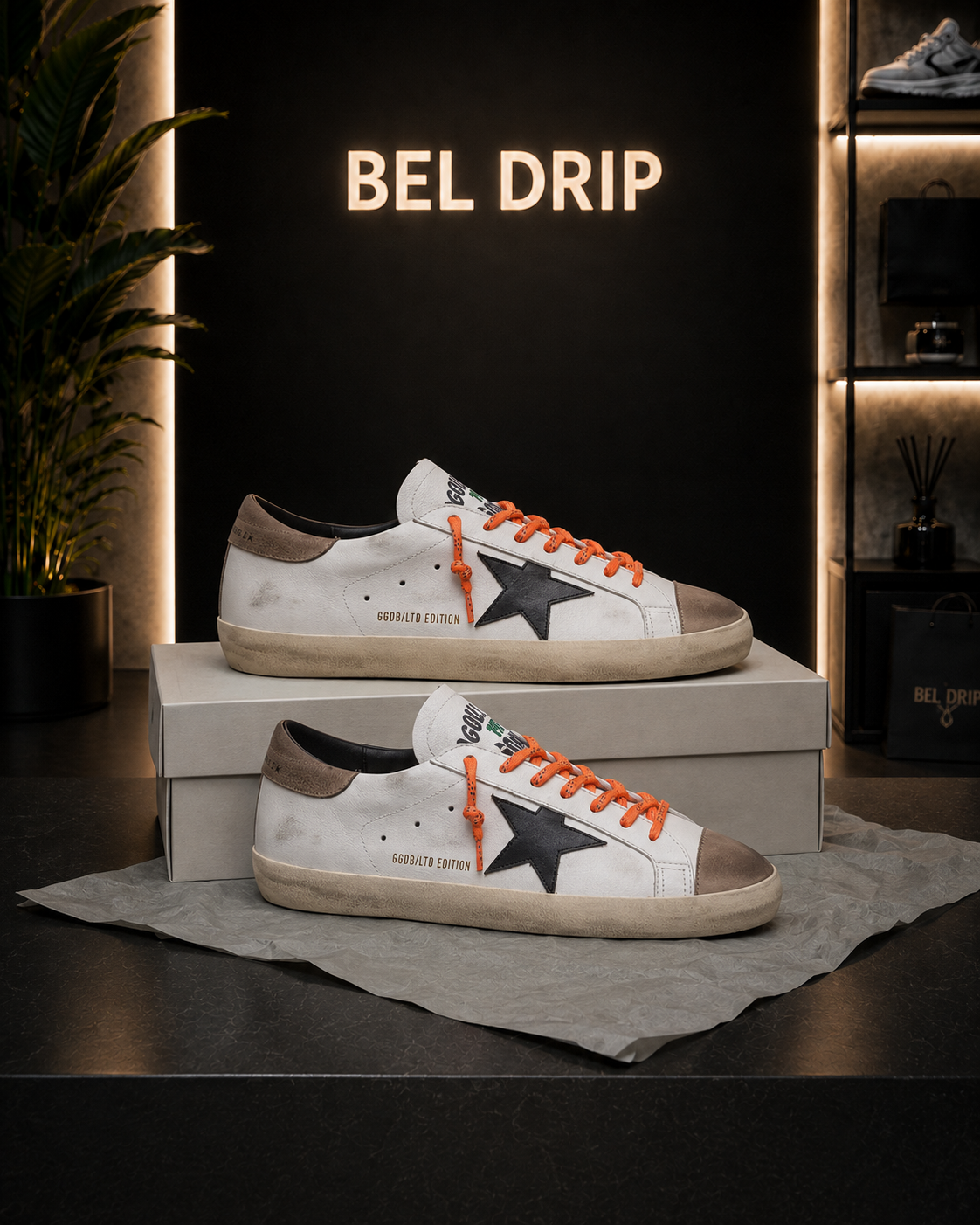 Golden Goose Super-Star Uomo LTD in pelle con stella in pelle nera e talloncino in pelle beige