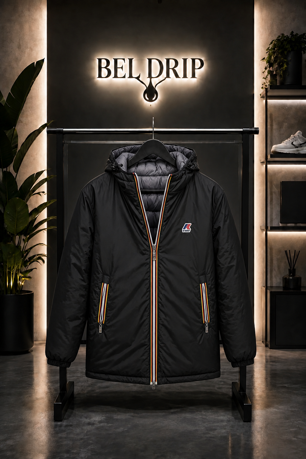 Giubbino K-Way Lungo Double Face Nero/Grigio