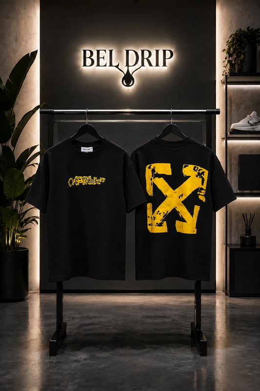 T-Shirt Off White Nera Spray Giallo