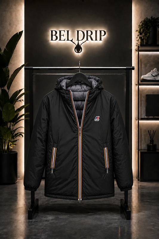 Giubbino K-Way Lungo Double Face Nero/Grigio